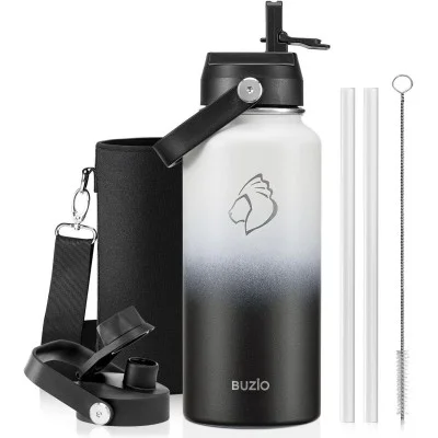 Buzio Duet Series Water Bottle with 2 Lids and Sleeve 1L - Black White